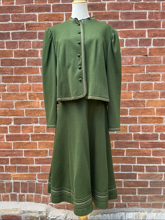 Vintage Dresses & Skirts - Women's Vintage German Olive Green A-Line Skirt with Matching Jacket
